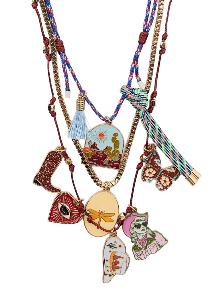 Zara Multi-Charm Layered Necklace In Red, Blue, Gold, Pink